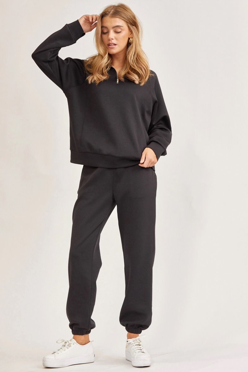 Curvy Black Quarter Zip Pullover and Jogger Set with Pockets