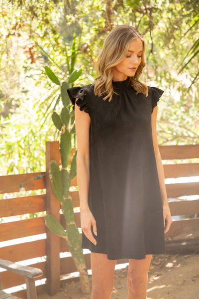 BLACK SUEDE RUFFLE SLEEVE DRESS FINAL SALE