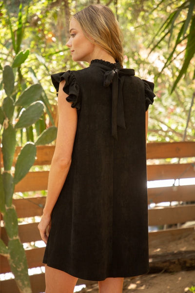 BLACK SUEDE RUFFLE SLEEVE DRESS FINAL SALE