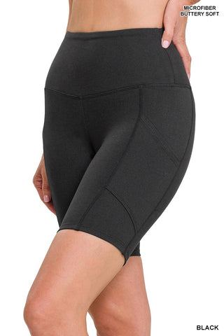 BLACK BRUSHED MICROFIBER WIDE WAISTBAND SHORT LEGGINGS w/ POCKETS
