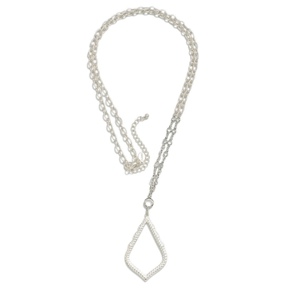 Long Chain Link Necklace Featuring Rhinestone Beads & Dimpled Pendant