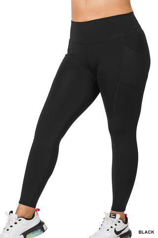 CURVY BLACK ATHLETIC WIDE WAISTBAND FULL LENGTH LEGGINGS w/ POCKETS