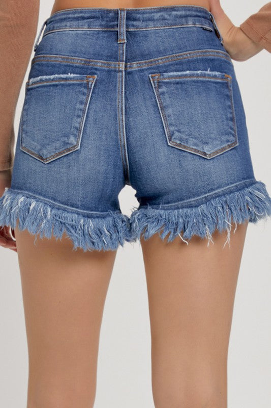 DARK LOW RISE FRAYED SHORTS