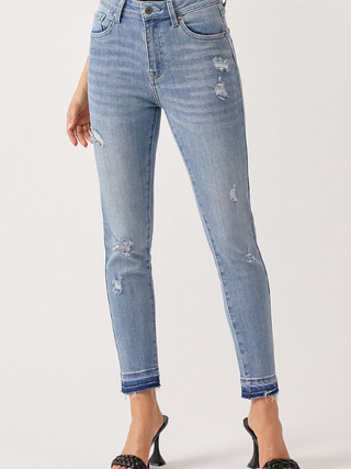 Light Wash Mid Rise Shadow Hem Girl Friend Skinny Jean
