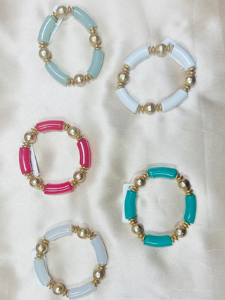 Acrylic Bamboo and Gold Beaded Stretch Bracelet