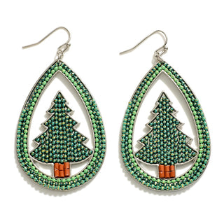 Glitter Beaded Christmas Tree Teardrop Drop Earrings