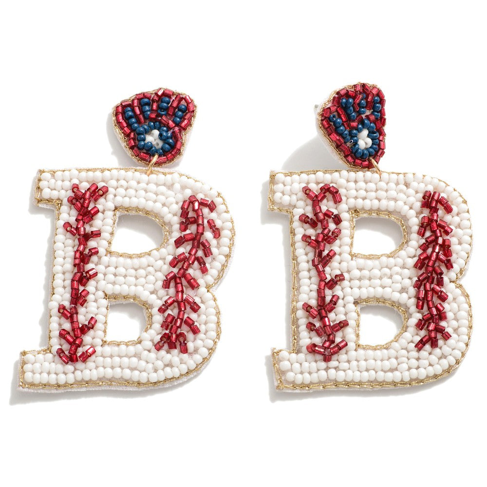 Seed Bead Baseball "B" Drop Earrings