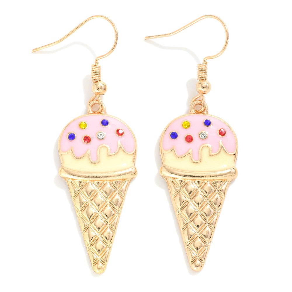 Rhinestone Accented Ice Cream Cone Drop Earrings