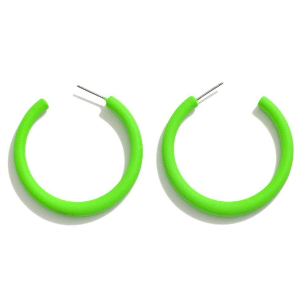 Green Smooth Coated Neon Metal Drop Hoop Earrings
