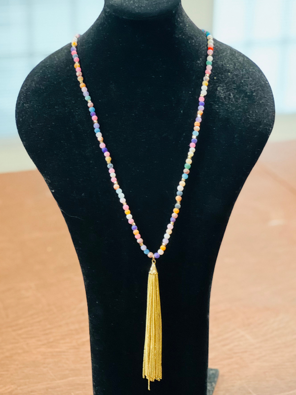 Color Me Beautiful Multi Cracked Agate Necklace w/Gold Tassel