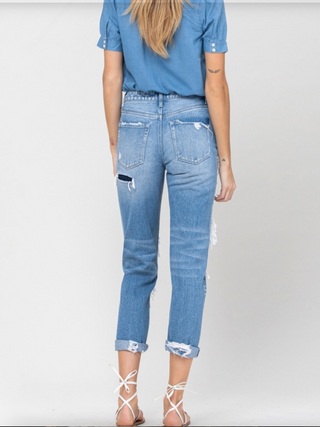 Flying Monkey Hidden Button Distressed And Patched Roll Up Boyfriend Jean Final Sale
