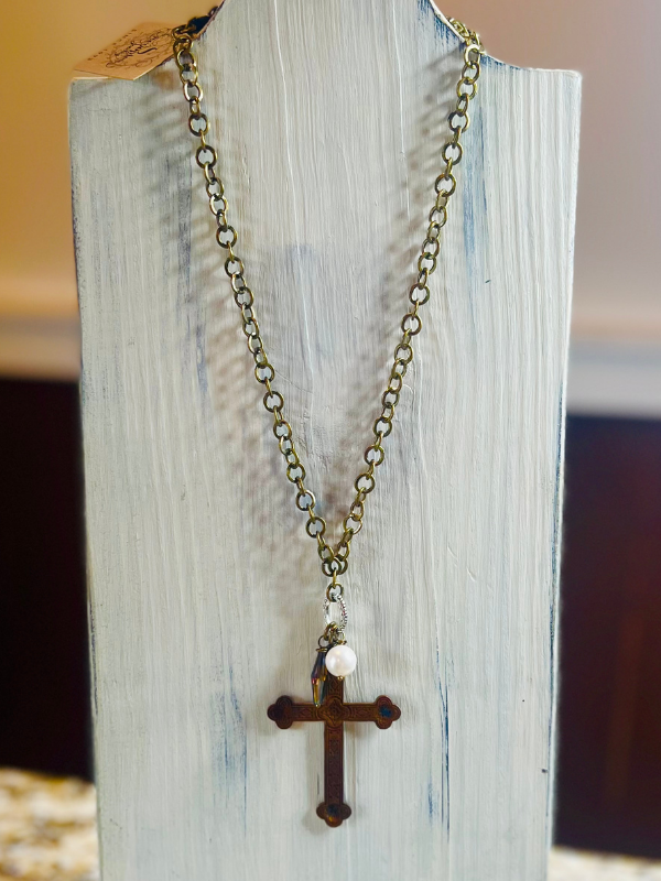 Rustic Cross Pearl Necklace by Scooples