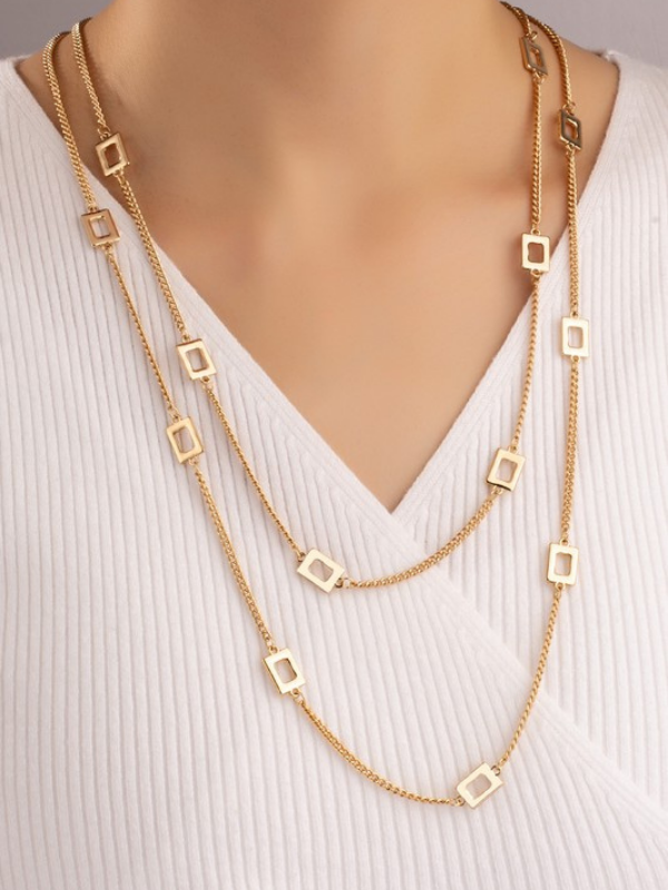 Gold Two Layer Chain Necklace w/Rectangle Charms