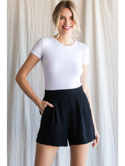 Black Solid Shorts with Front Tuck Detail and Pockets Final Sale