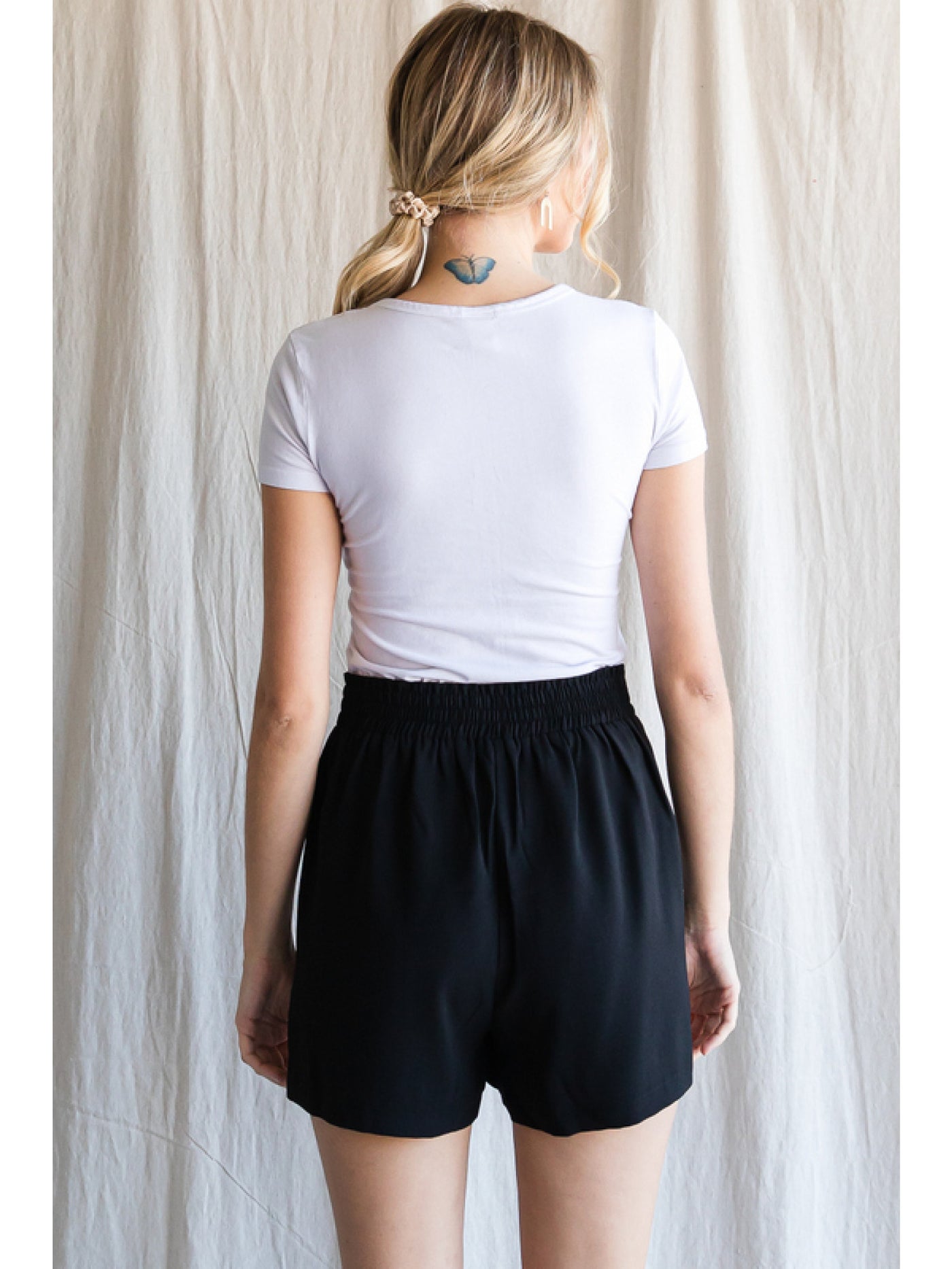Black Solid Shorts with Front Tuck Detail and Pockets Final Sale