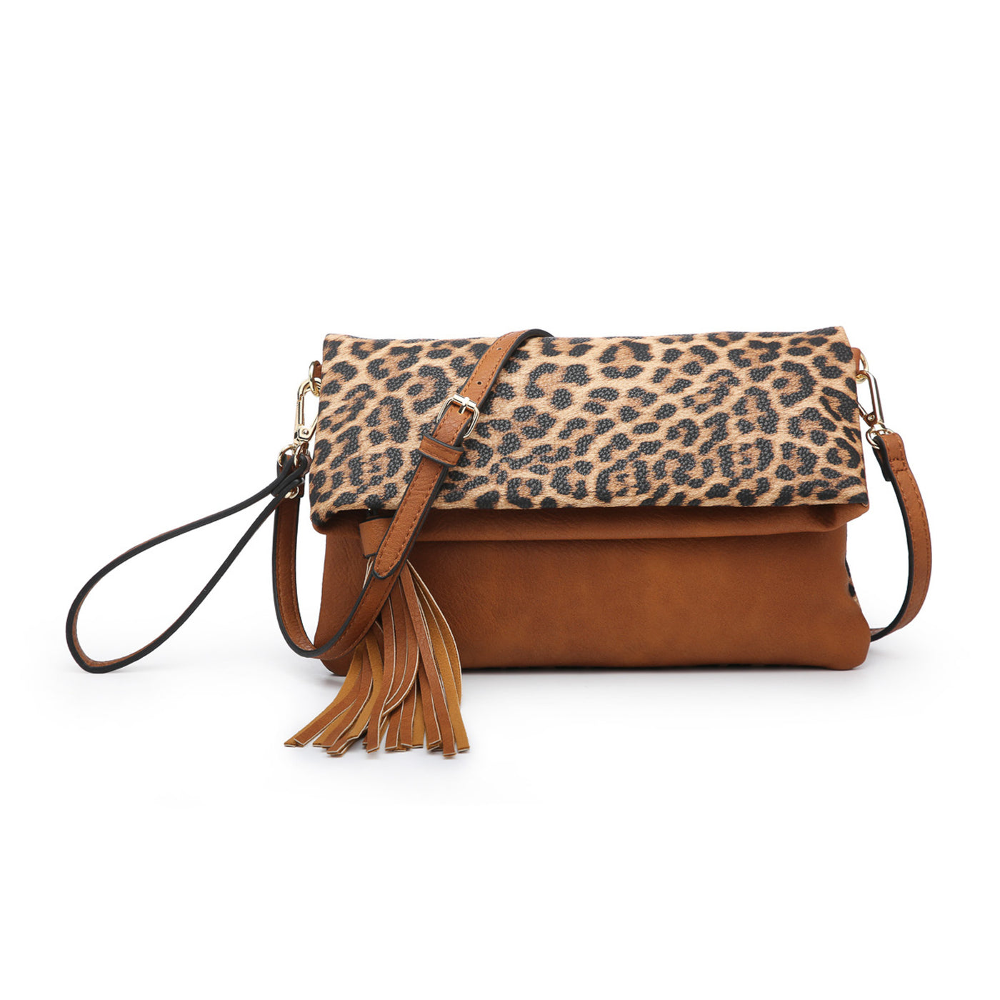 Austin Flap Over Tassel Crossbody/Clutch/Wristlet in Leopard Mustard