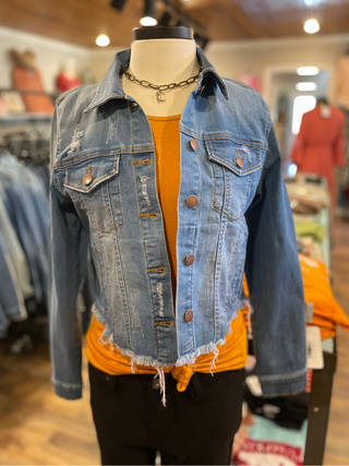 Medium Wash Frayed Hem Jacket