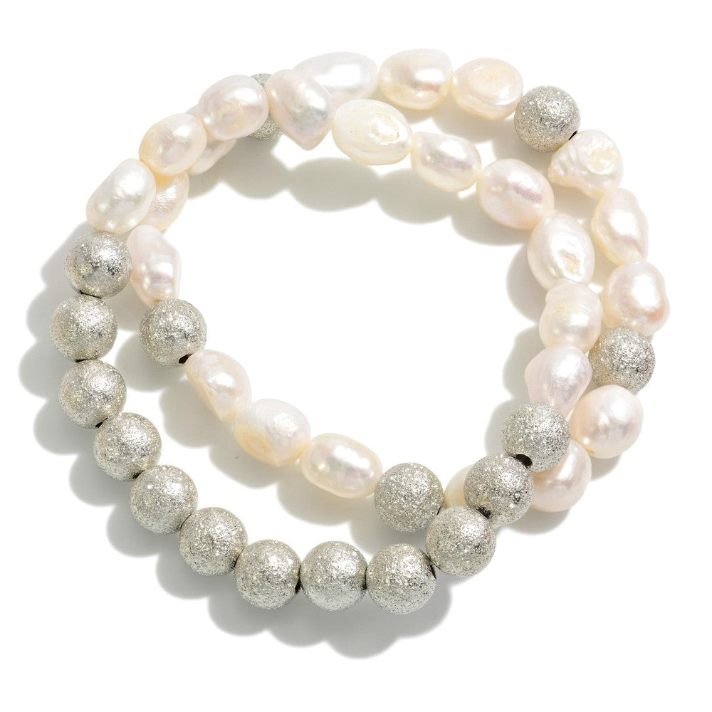 Set of Two Glitter and Pearl Beaded Stretch Bracelets