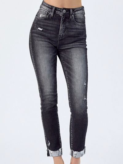 Black High Rise Vintage Washed Skinny Jean w/ Cuff