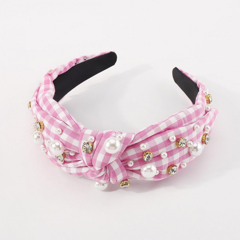 Plaid Knotted Headband With Rhinestone and Pearl Details