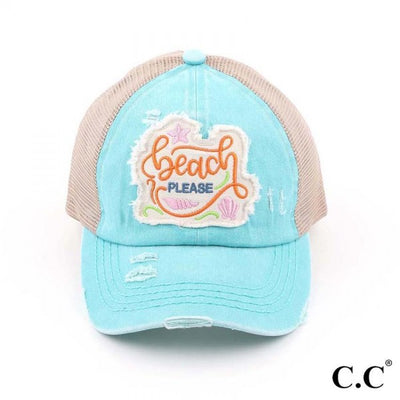 Distressed Embroidered Beach Please Patch Pony Cap by C.C. (3 Colors)