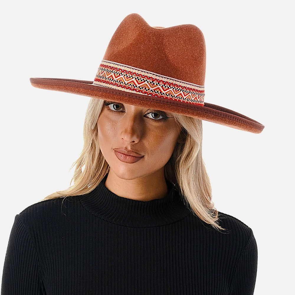 Rust Wide Brim Felt Panama Hat Featuring Tribal Pattern Band