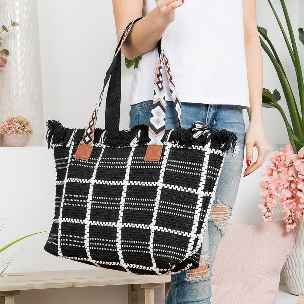 Woven Cotton Checkered Tote Bag With Top Fringe Detail And Coordinating Strap  (2 Colors)