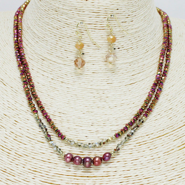 Handmade Freshwater Pearl N Bead Necklace Set w/ Earrings