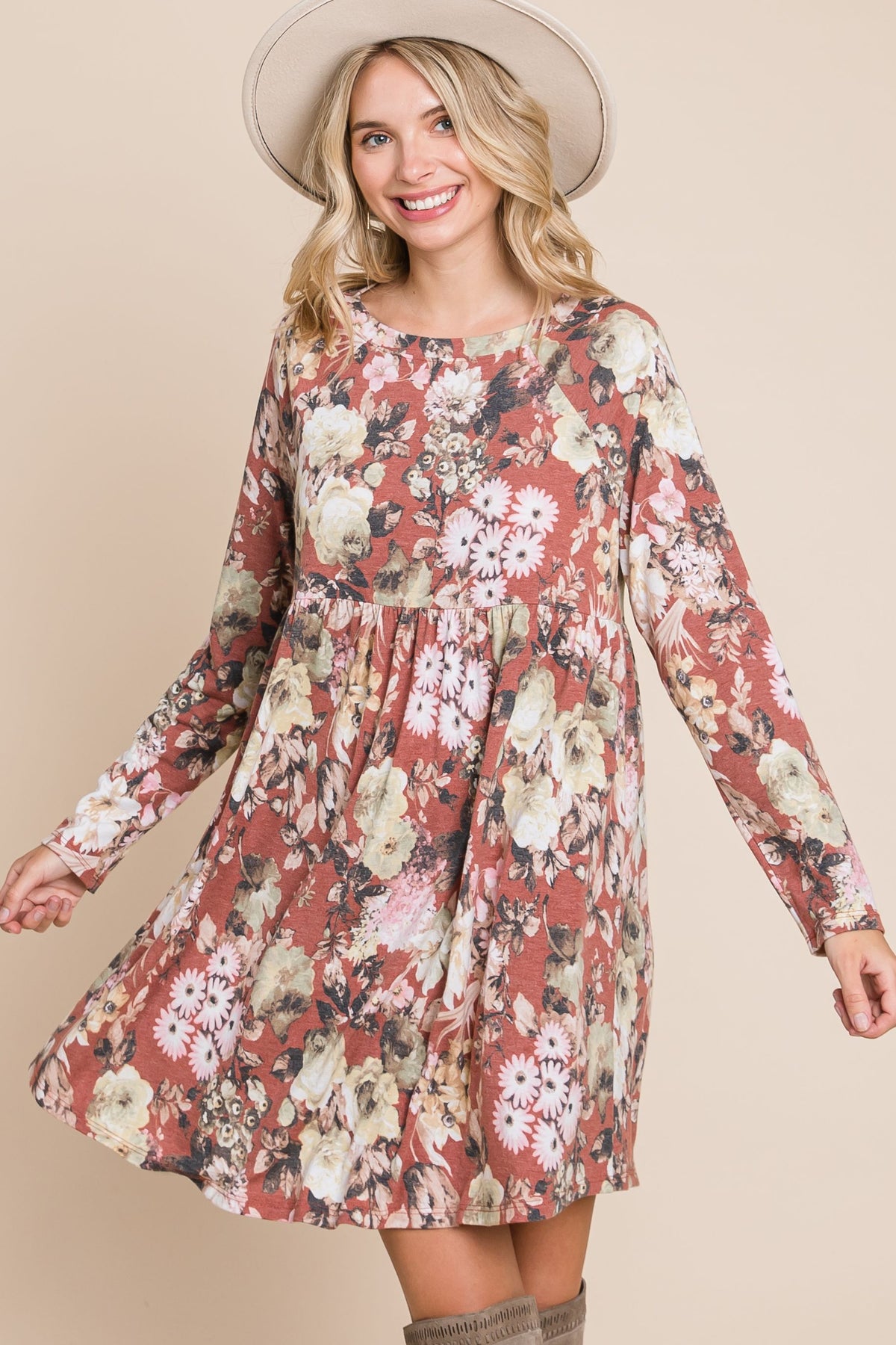 Curvy Rust Floral Long Sleeve Babydoll Swing Dress** – Magnolia Too ...