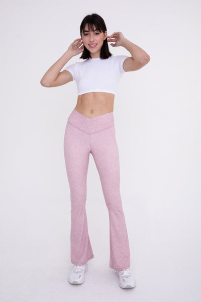 Pink Muted Watercolor Brushed Crossover Flared Leggings