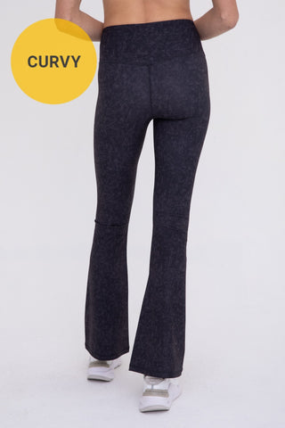 CURVY Black Muted Watercolor Brushed Crossover Flared Leggings