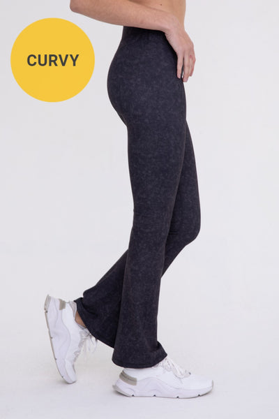 CURVY Black Muted Watercolor Brushed Crossover Flared Leggings