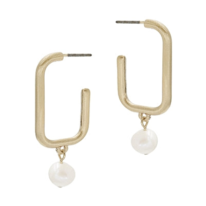 Rounded Rectangle with Pearl Drop Stud Earring
