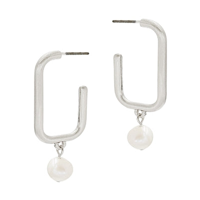 Rounded Rectangle with Pearl Drop Stud Earring