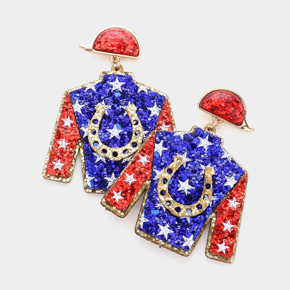 American USA Flag Glittered Derby Riding Suit Dangle Earrings