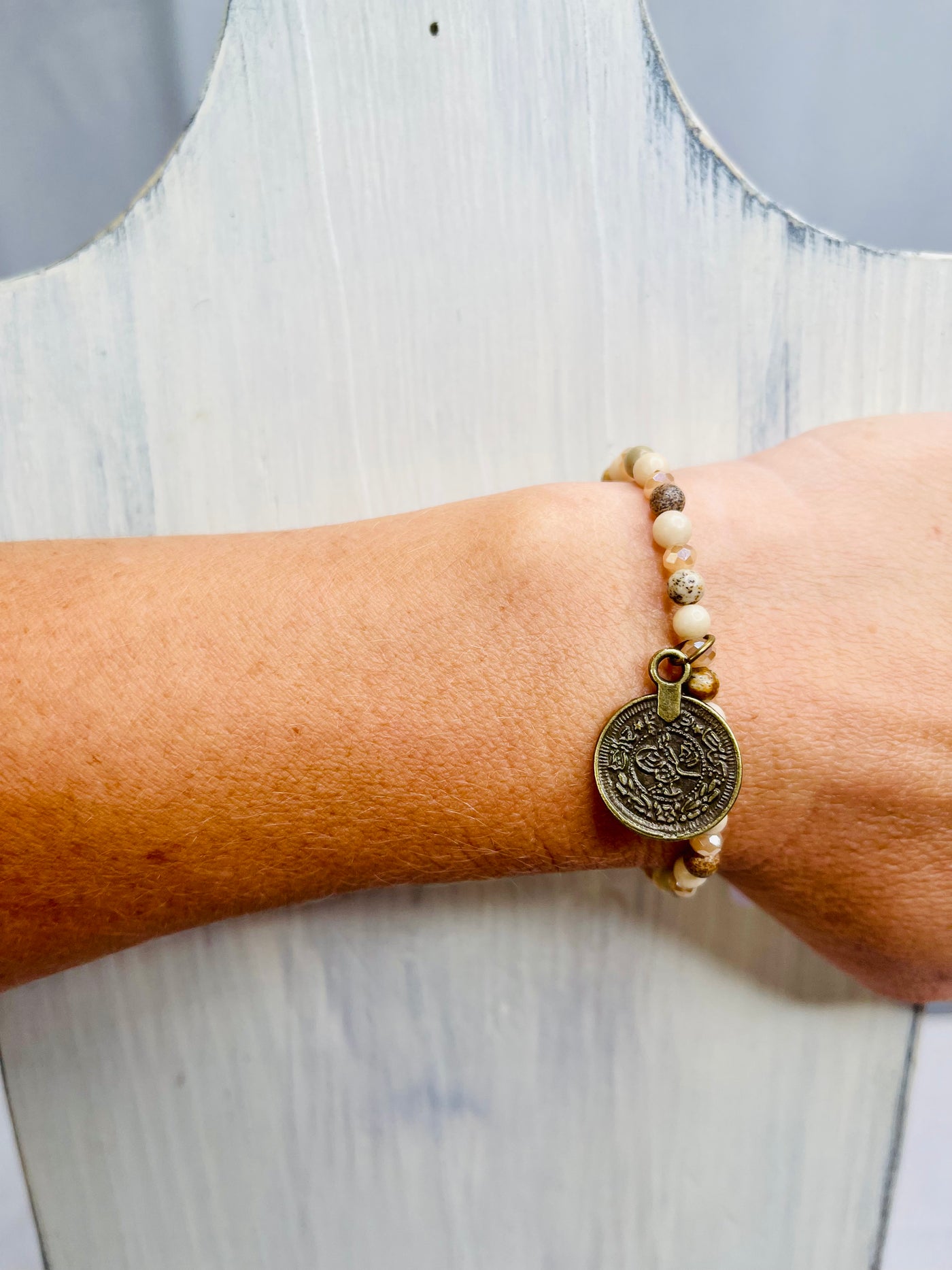 Light Natural Stone Bracelet with Coin Charm