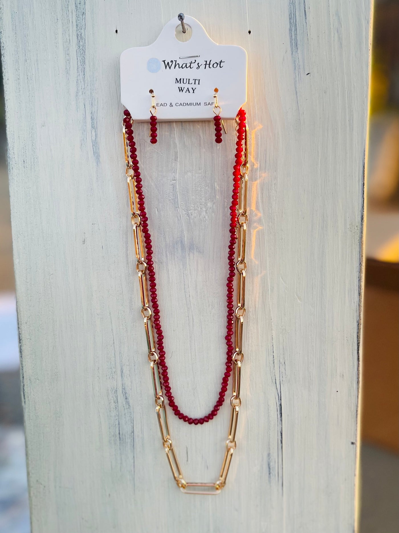 Maroon Crystal and Gold Chain Layered Necklace Set