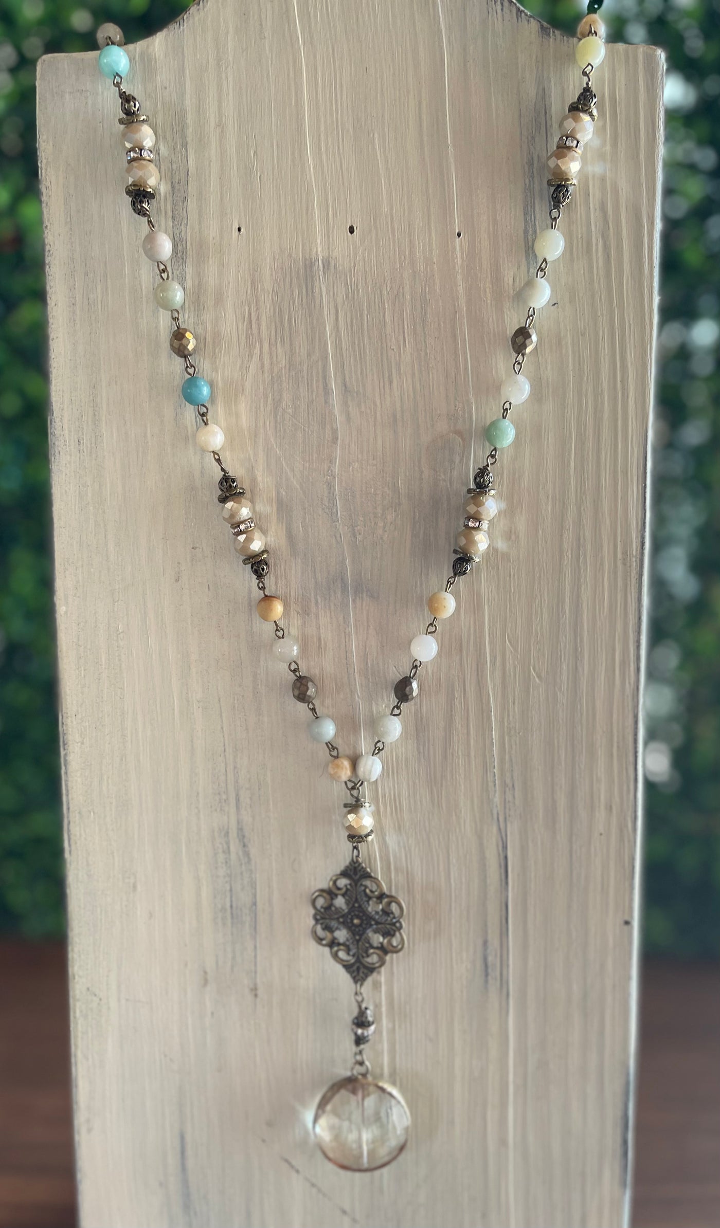 Natural Stone Necklace with Brass and Crystal Pendants