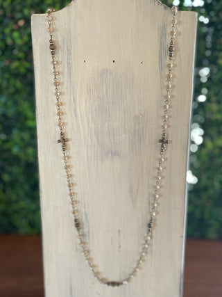Long Pearl Chain Necklace with Bronze Cross Pendants