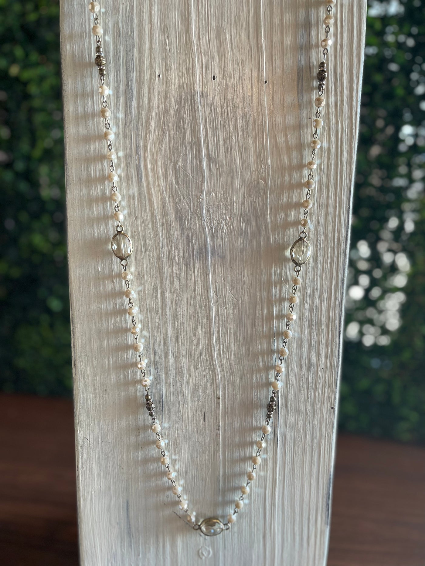 Long Brass Beaded Necklace with Crystal Pendants