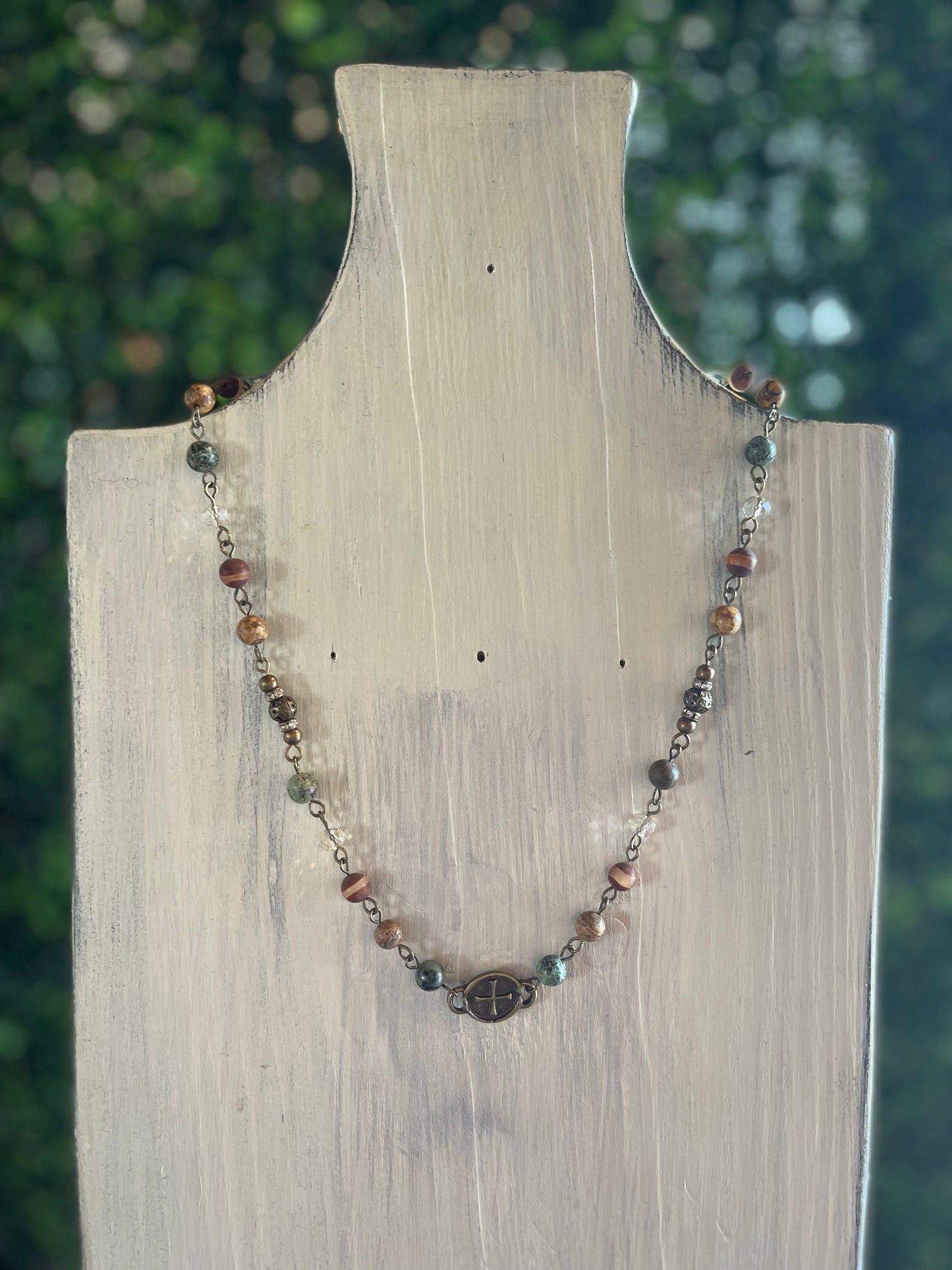 Colorful Natural Stone Beaded Necklace with Brass Pendants