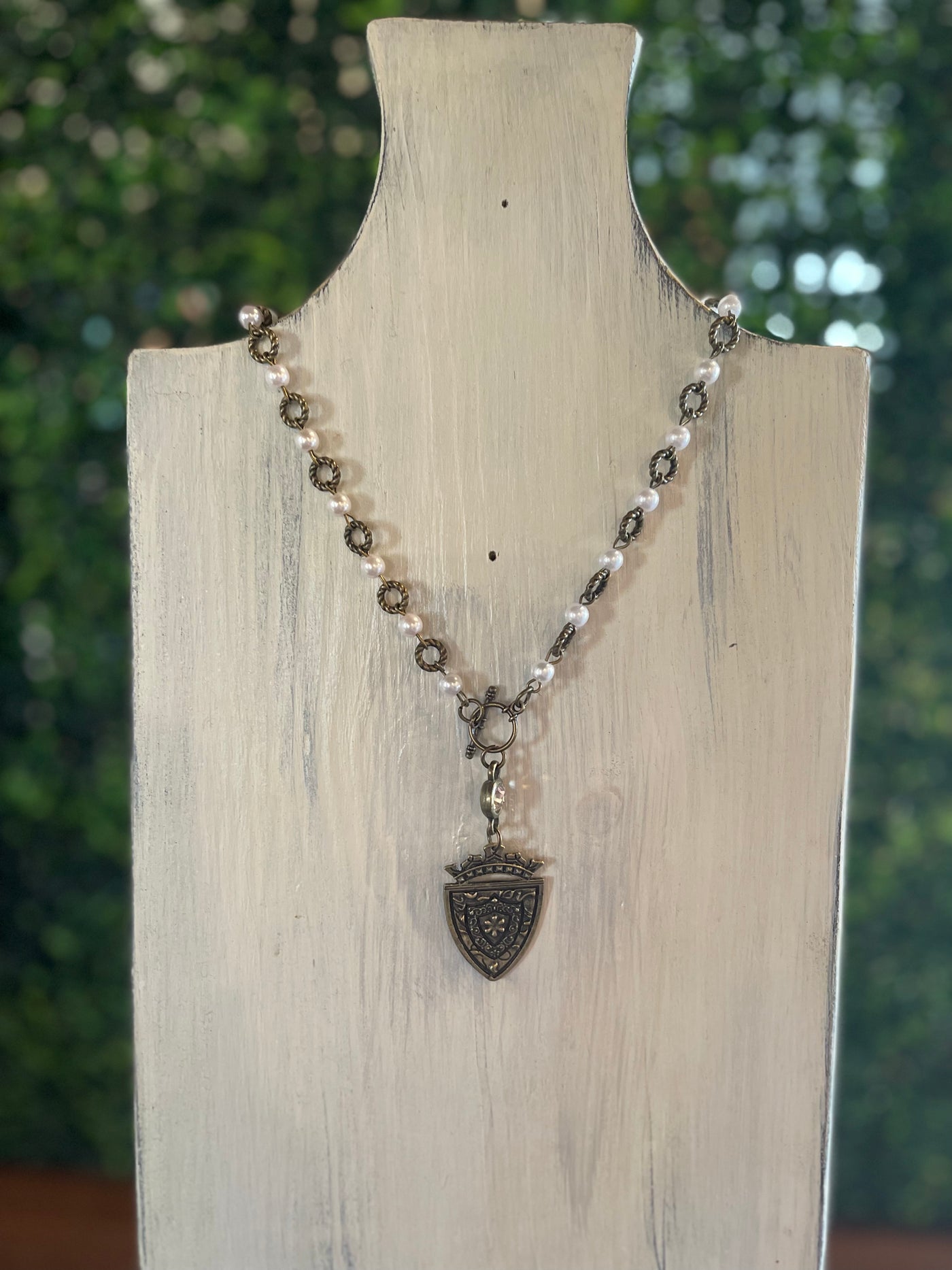 Antique Gold Necklace with Pearls and Bronze Pendant