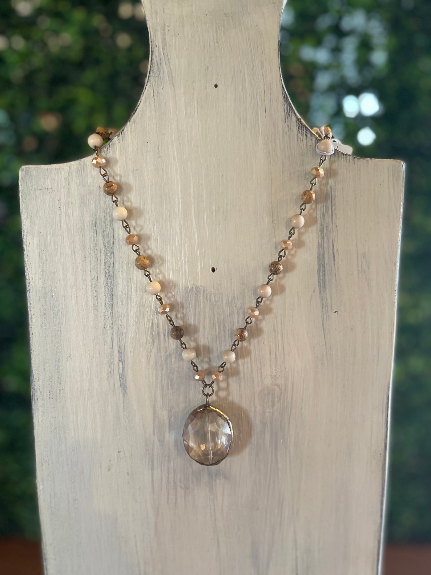 Light Natural Stone Beaded Necklace  with Crystal Pendant
