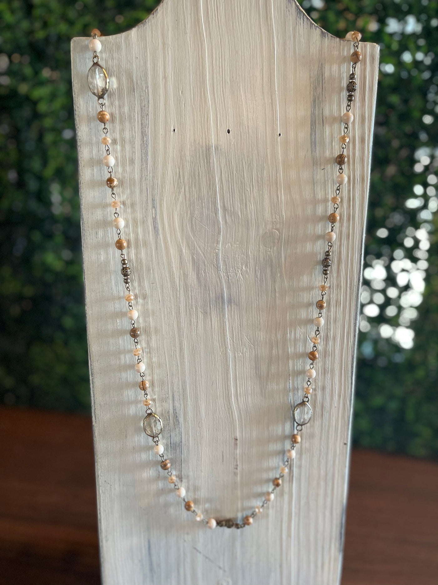 Long Light Natural Stone Beaded Necklace