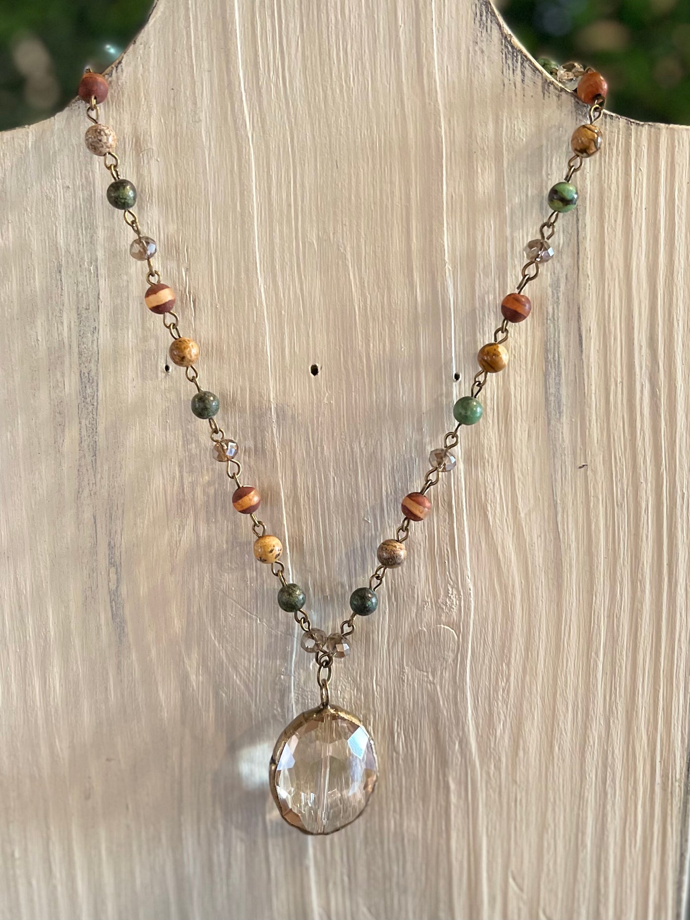 Natural Stone Beaded Necklace with Crystal Pendant