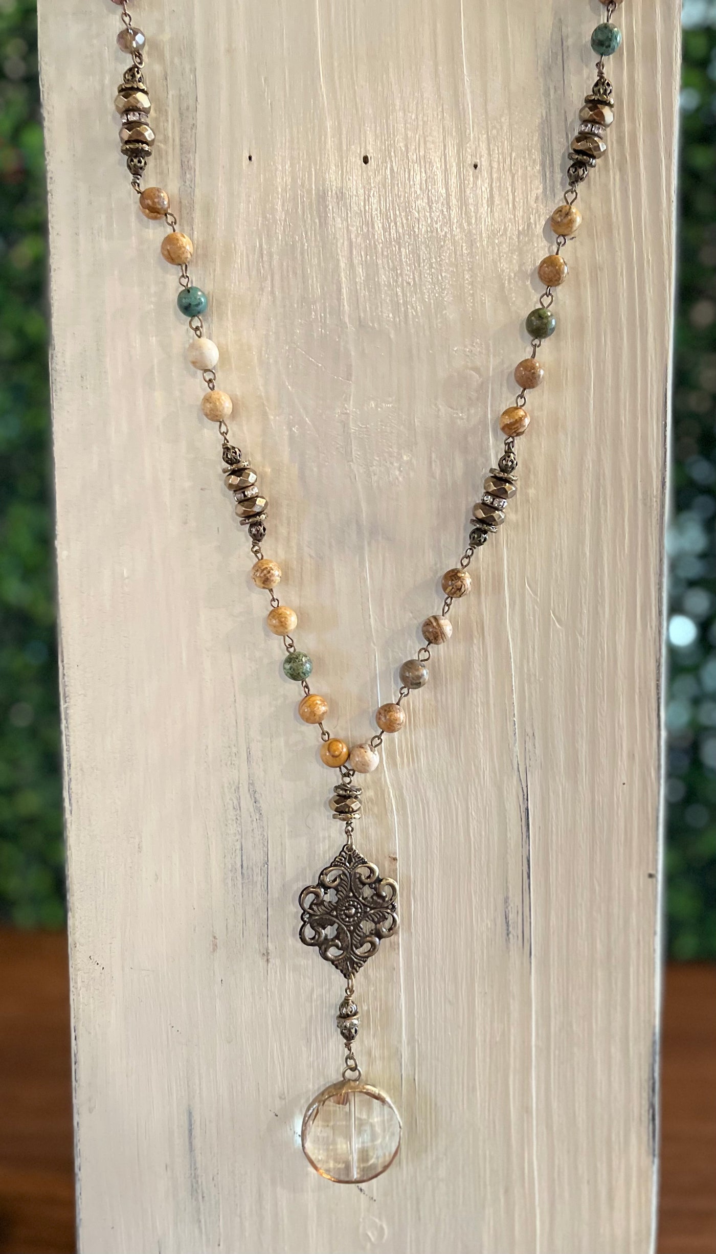 Natural Stone Beaded Necklace with Brass and Crystal Pendant