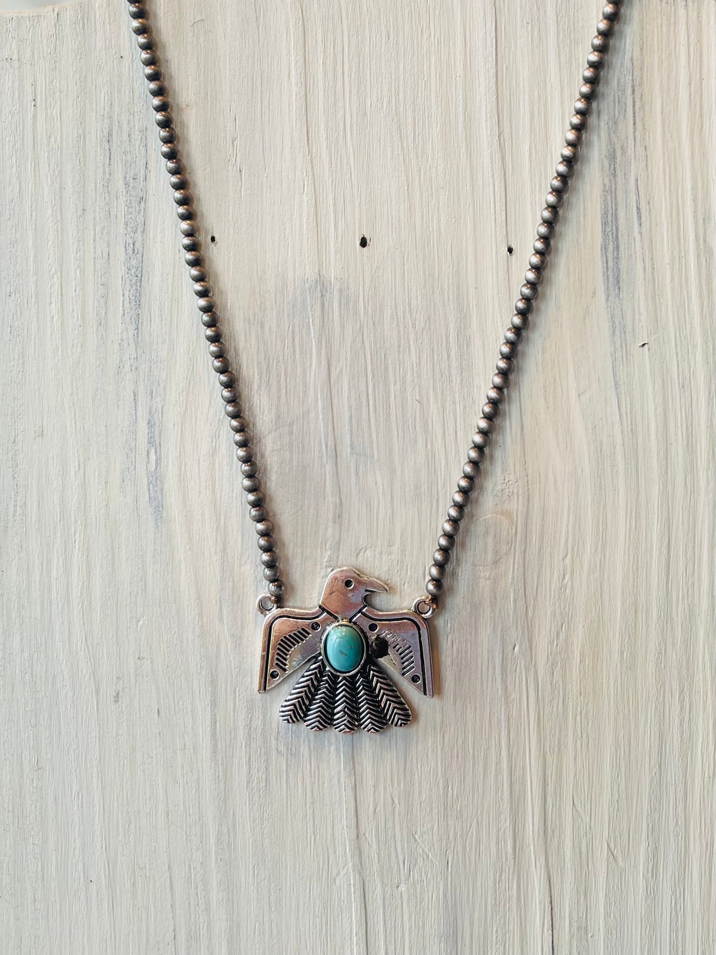 Take Flight Silver Necklace with Silver Eagle and Turquoise Stone
