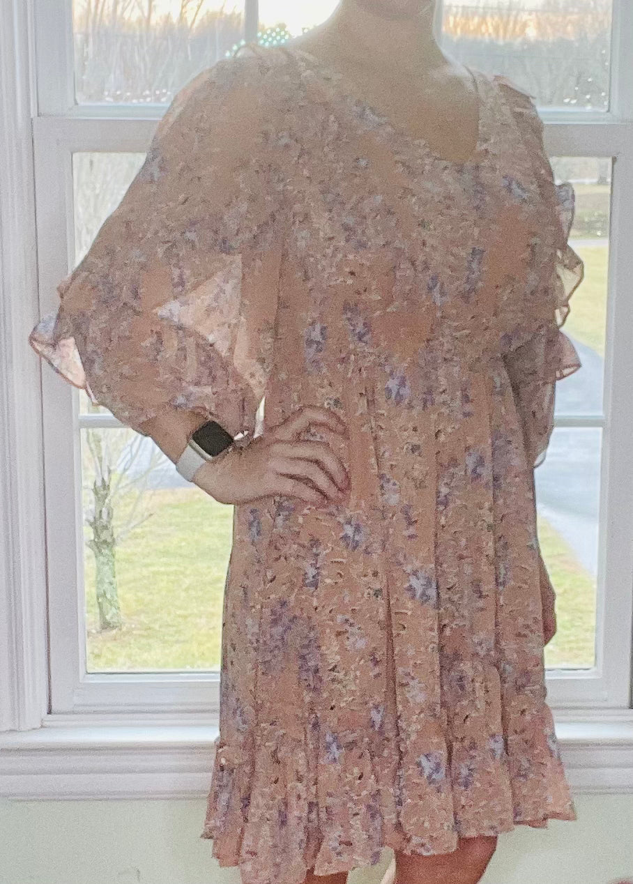 Dusty Blush Floral Pattern Chiffon Print Ruffle Bottom V-Neck Dress with Full Lining* Final Sale