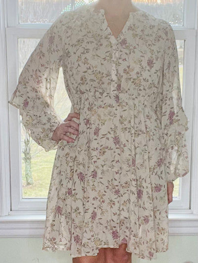 Chiffon Floral Printed and Half Button Flowy Dress with Waist Elastic and Full Lining* Final Sale