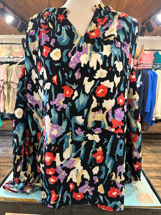 Curvy Black Print V-Neck 3/4 Sleeve Top Final Sale
